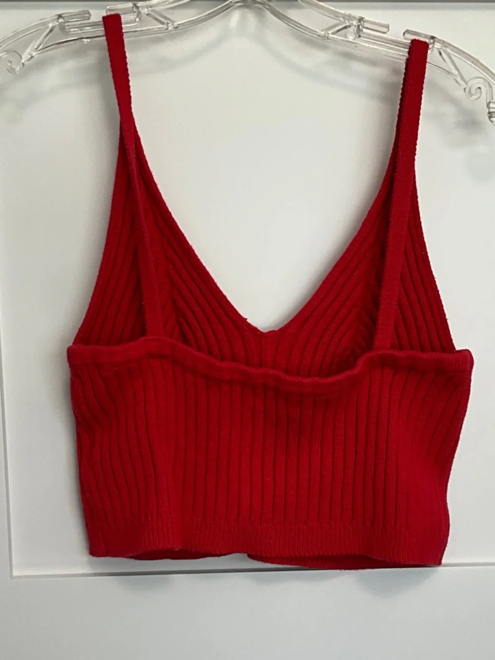 Ribbed V-Neck Red Crop Tank with Slim Straps